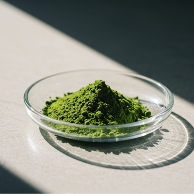 Green tea powder in a glass bowl on a light surface