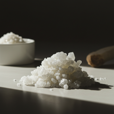 Heap of white crystals on a dark surface with a bowl in the background