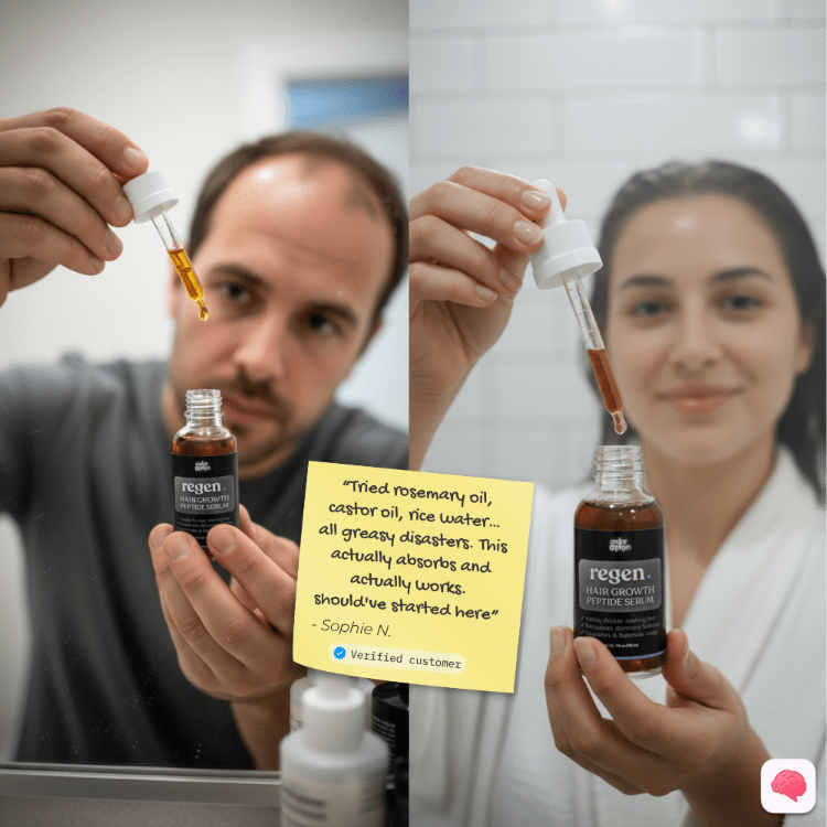 Two people holding a bottle of regen serum with a dropper, one with a yellow sticky note.