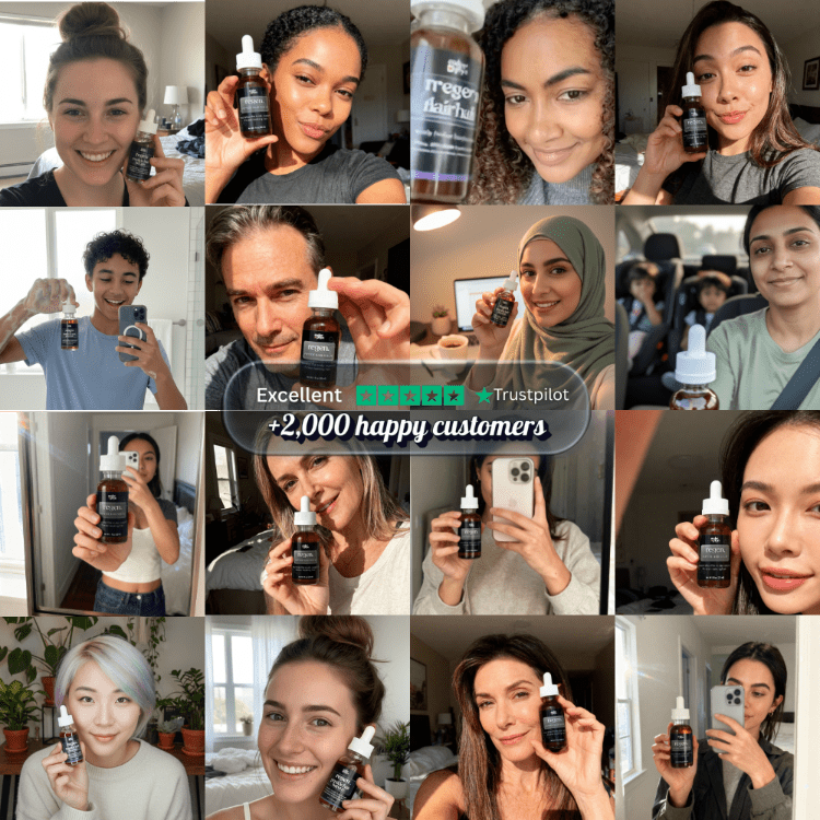 Collage of people holding a hair product with Trustpilot rating overlay.