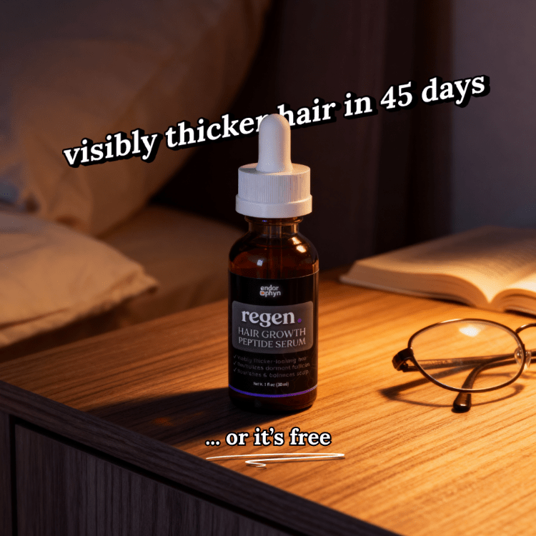 Regen hair growth serum bottle on a nightstand with text about hair thickness improvement.