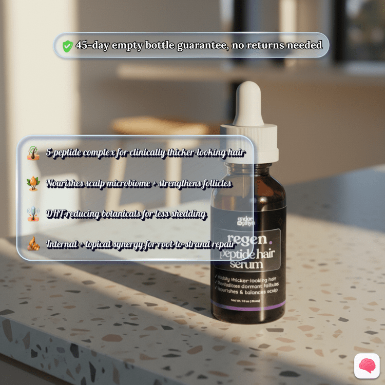 Regen Peptide Hair Serum bottle on a countertop with product details overlay.