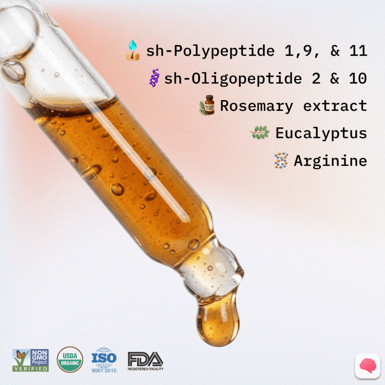 Vial with brown serum and text listing ingredients on a gradient background