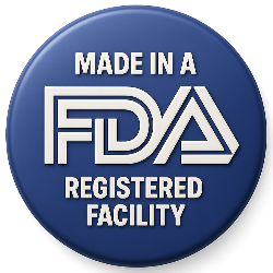 Blue badge with 'Made in a FDA Registered Facility' text and logo on a white background