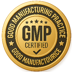 Gold and black GMP (Good Manufacturing Practice) certified badge on a white background