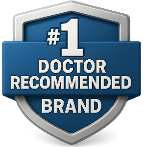 Shield-shaped badge with '#1 Doctor Recommended Brand' text on a white background