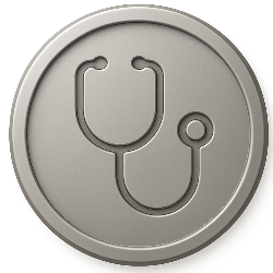 Round metallic badge with a stethoscope symbol on a white background