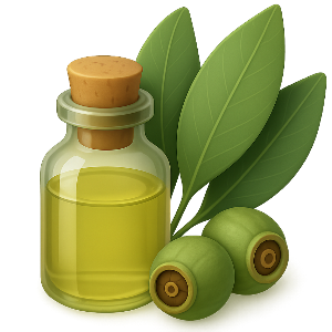 Glass bottle with cork, olive oil, and green olives on a white background