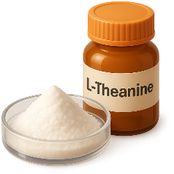 Bottle of L-Theanine powder with a clear container of the powder on a white background