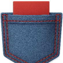 Blue denim-style cardholder with red stitching and a red card on a white background