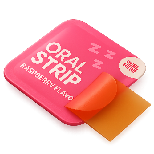 Pink and orange container labeled 'Oral Strip Raspberry Flavor' on a white background