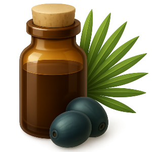 Brown glass bottle with wooden cap, two dark green olives, and a palm leaf on a white background