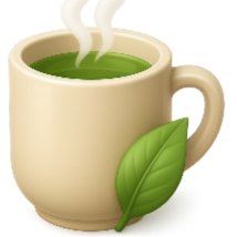 Beige mug with green tea and a leaf on a white background