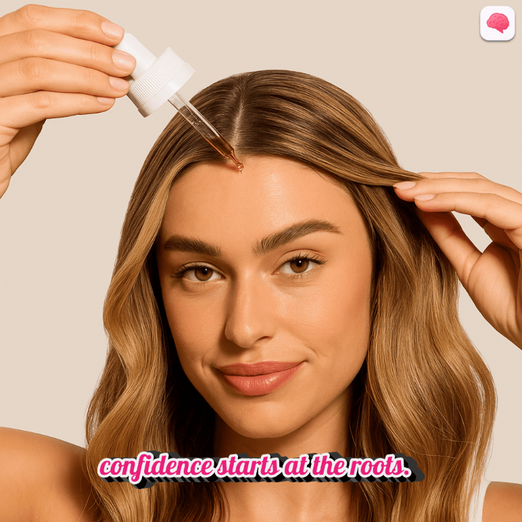 Woman applying hair oil to her hair with a dropper, against a beige background.