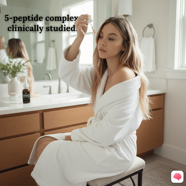 Woman in a white robe sitting in a bathroom, holding a dropper with text about a 5-peptide complex.