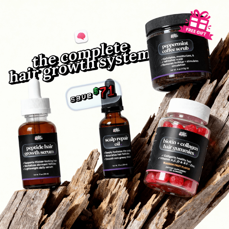 Hair growth system products including serum, oil, scrub, and gummies on a wooden background with promotional text.