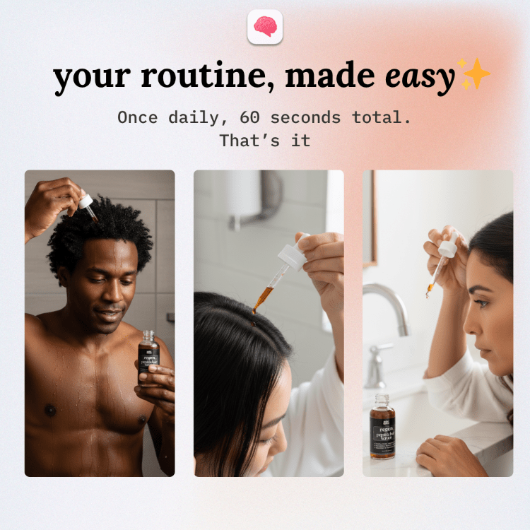 Advertisement for a hair care product with three people using it, featuring the text 'your routine, made easy'.