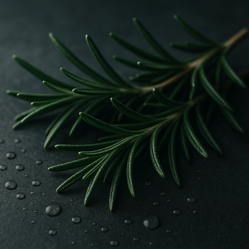 Green rosemary branch with water droplets on a dark surface