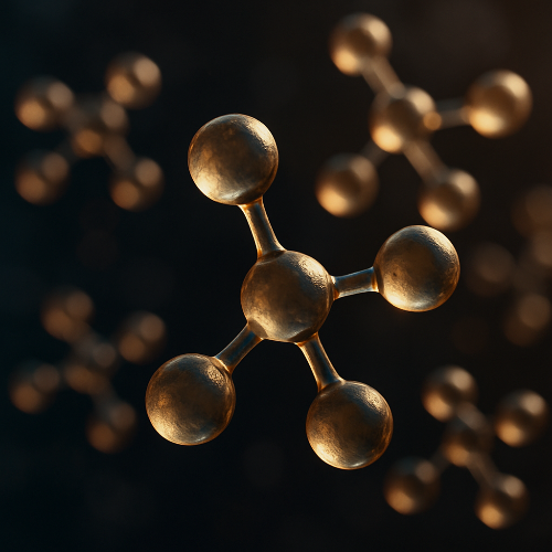 Close-up of a metallic molecule model against a dark background