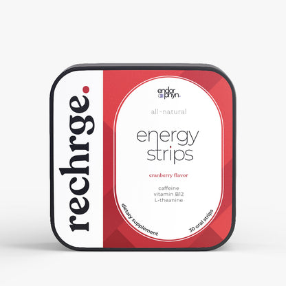 Packaging of rechrge energy strips with cranberry flavor on a white background