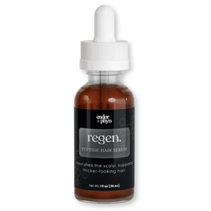 Bottle of regen hair serum with dropper on a white background