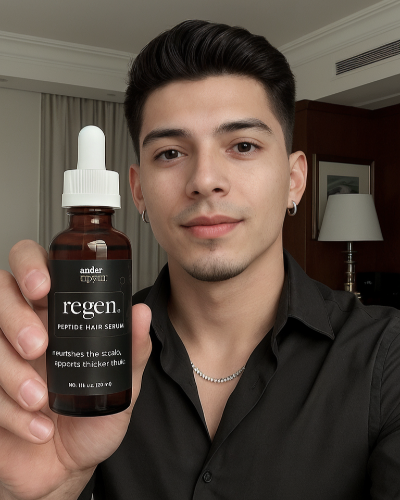 Man holding a bottle of regen hair serum in an indoor setting