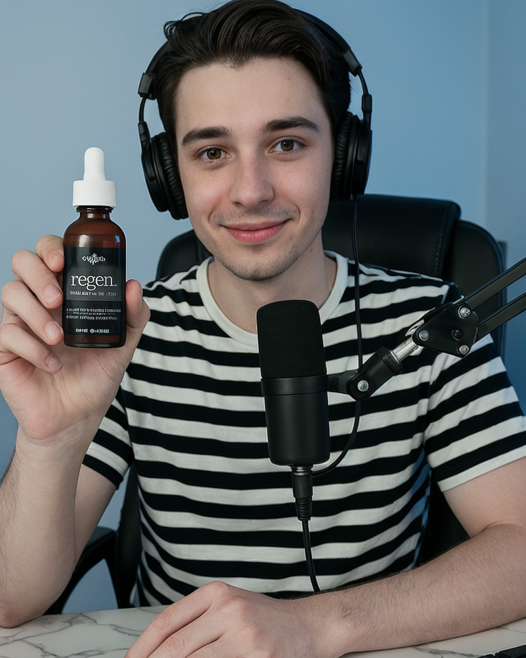 Person holding a bottle of regen peptide hair serum in front of a microphone and computer setup.