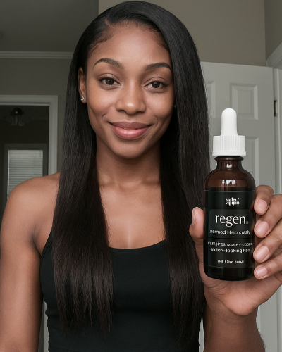 Woman holding a bottle of regen hair product in a home setting