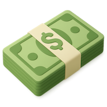 Stack of green money with a brown band on a white background