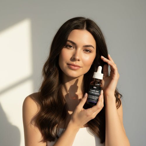 Woman holding a skincare bottle with a neutral background