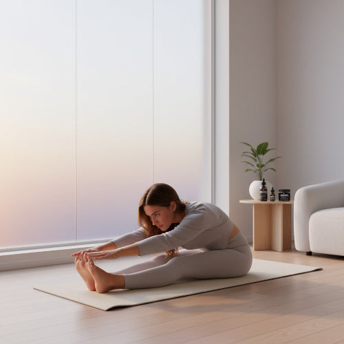 Woman practicing yoga on a mat in a bright, minimalistic room.